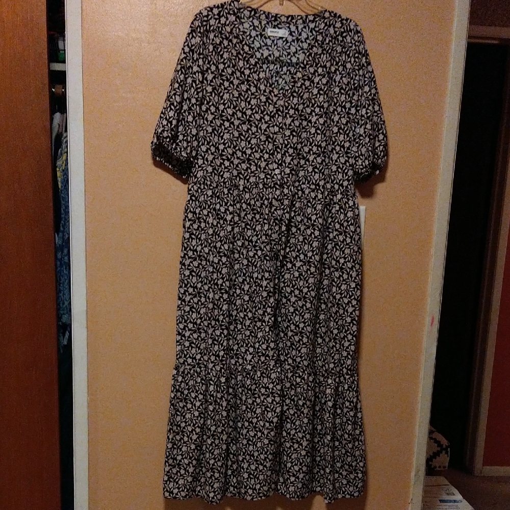 Sonoma Black and White Linen Blend Floral Midi Dress Size Extra Large